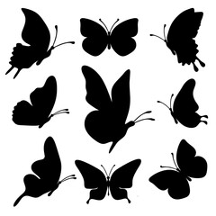 Wall Mural - Set of silhouette black butterflies on white background. Vector