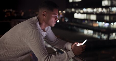 Aufkleber - Business man, phone and night data on city building rooftop typing email, search or communication. Male entrepreneur online for networking and using mobile trading app on the internet in the dark
