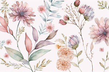 Wall Mural -  a watercolor painting of flowers and leaves on a white background with pink and green leaves and pink flowers on the side of the wall.  generative ai