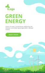 Meadow landscape banner. Wind turbines. Industrial green energy concept. Vector illustration of energy generation. Wind mill on summer background. Renewable energy sources. Wind farm and factory.