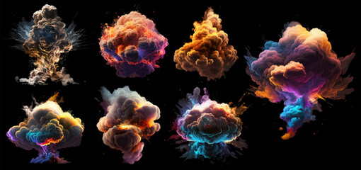 Leinwandbilder - Set magic explosion, game bomb boom effect with colorful clouds. Isolated smoke cumulus elements of gas explosion, effect and promo flash black. Vector illustration