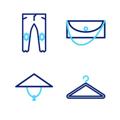 Wall Mural - Set line Hanger wardrobe, Asian conical hat, Clutch bag and Pants icon. Vector