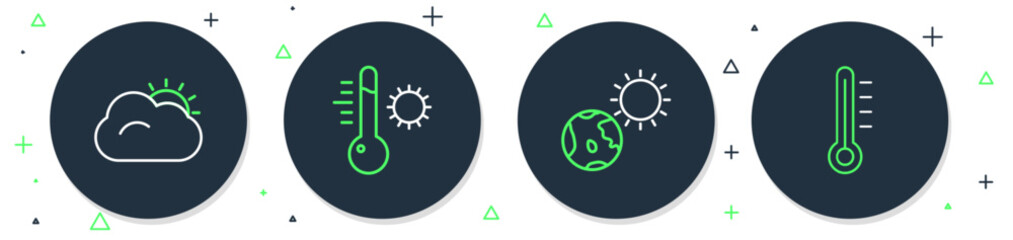 Sticker - Set line Meteorology thermometer, Earth globe and sun, Sun cloud and icon. Vector