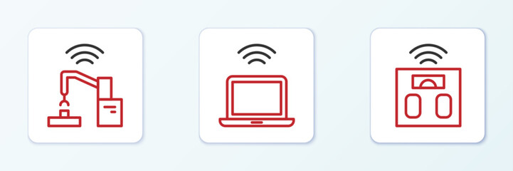 Poster - set line smart bathroom scales, robotic robot arm hand factory and wireless laptop icon. vector
