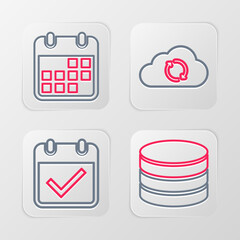 Poster - Set line Database, Calendar with check mark, Cloud sync refresh and icon. Vector