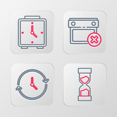 Sticker - Set line Old hourglass, Clock, Calendar date delete and Alarm clock icon. Vector