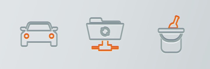 Poster - set line bottle of wine in bucket, car and ftp sync refresh icon. vector
