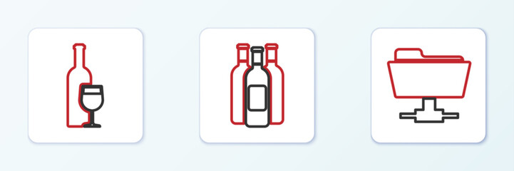 Poster - set line ftp folder, wine bottle with glass and bottles of wine icon. vector