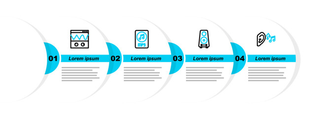 Sticker - Set line Ear listen sound signal, Stereo speaker, MP3 file document and Oscilloscope icon. Vector