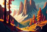 Fototapeta  - Autumn sunbeams illuminate a mountain canyon in the Italian Dolomites. Mountainous terrain with ridges, boulders, brightly colored trees, orange grass, alpine meadows, and gold sunlight in the fall. A