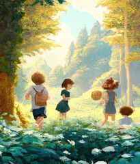 A painting of children playing in woods