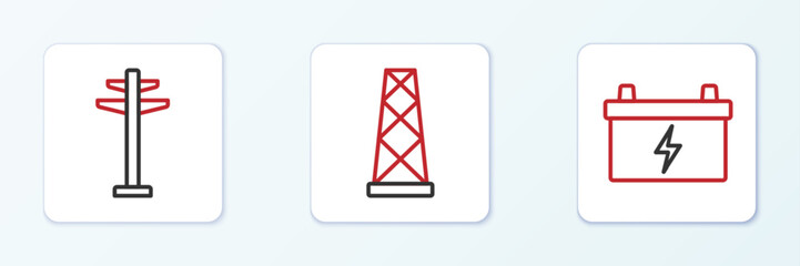 Poster - set line car battery, electric tower and antenna icon. vector