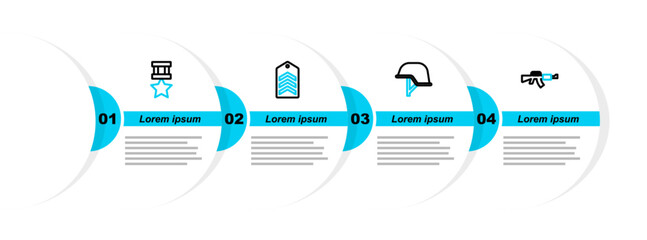 Poster - Set line M16A1 rifle, Military helmet, Chevron and reward medal icon. Vector