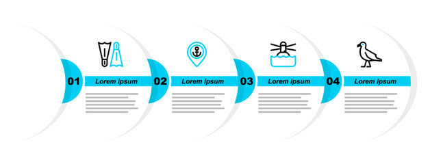 Sticker - Set line Bird seagull, Lighthouse, Location with anchor and Flippers for swimming icon. Vector