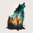 Double exposure howling wolf and a forest. Generative AI illustration.