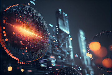 Wall Mural - Neural network. Big data and cybersecurity. Data stream. Global database and artificial intelligence. Bright, colorful background with bokeh effect. Render of a macro view of a Futuristic Electronic