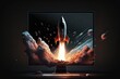 Rocket on computer monitor screen, startup concept, black background. Generative AI