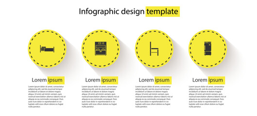 Sticker - Set Bed, Kitchen dishwasher machine, Chair and Refrigerator. Business infographic template. Vector