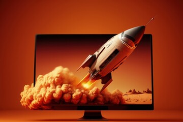 Rocket on computer monitor screen, startup concept, orange background. Generative AI