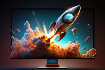 Rocket on computer monitor screen, startup concept, black background. Generative AI