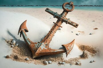 Wall Mural - Old and rusty anchor of a pirate ship on the beach of an island, sea in the background. Generative AI