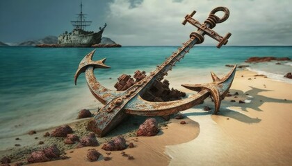 Wall Mural - Old and rusty anchor of a pirate ship on the beach of an island, sea in the background. Generative AI