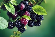 Illustration Of Blackberries In The Garden Blackberries, Both Ripe And Unripe, On A Bush. Food. Generative AI