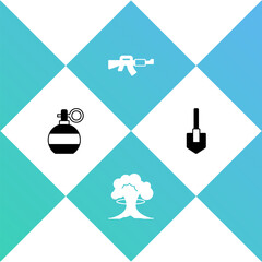 Sticker - Set Hand grenade, Nuclear explosion, M16A1 rifle and Shovel icon. Vector