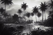Wallpaper Tropical Jungle With Valleys, Mountains, Trees And Palms In A Landscape Vintage Black And White Sketch Illustration. Generative AI