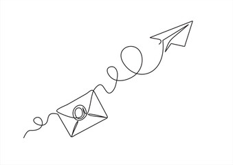 Wall Mural - continuous one line drawing of 
Email message post letter send illustration sketch outline drawing.One line paper plane and envelope.  