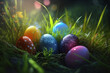AI generated easter eggs on green grass with sunlight. Happy Easter