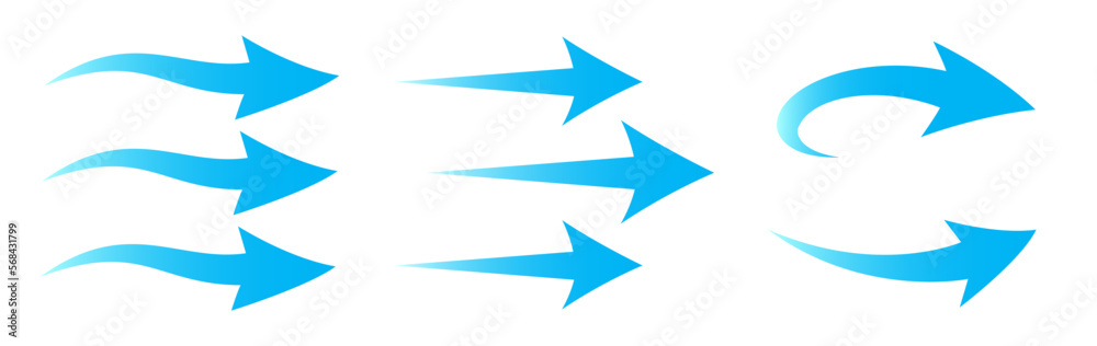 Set of blue arrow showing air flow isolated on white background ...
