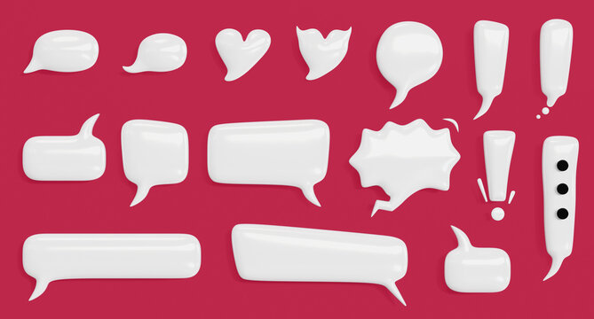 White speech bubbles isolated on red background. 3d rendering. Set of chat bubbles.