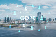 Aerial panoramic helicopter city view of New Jersey City financial Downtown skyscrapers. GDPR hologram, concept of data protection regulation and privacy for all individuals
