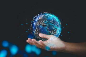 Poster - Technologies are connecting the world. The world is held in the palm of a human hand.