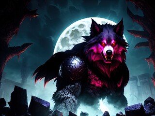 Wall Mural - A savage werewolf  stands under a full moon. 