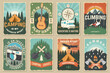 © sivvector - Set of camping poster, banner. Vector illustration. Concept for shirt or logo, print, stamp or tee. Vintage typography design with guitar, camping climber, tent, mountain and forest silhouette.