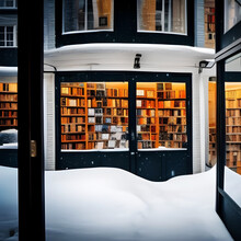 Illustration Of An Old Fashioned Bookshop In The Snow; Cozy, Hygge Theme; Dark Academia; Original Illustration
