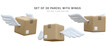 Set of 3d realistic parcel with wings isolated on white background. Cardboard boxes for delivery service concept in cartoon style. Vector illustration
