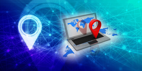 Fototapete - 3d  rendering travel and navigation planning, concept with laptop
