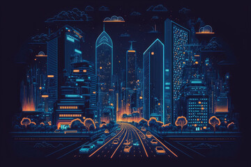 Canvas Print - Bangkok city at night, smart city with smart services and icons, internet of things, networks, and augmented reality concept. Generative AI