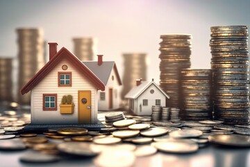 many houses with a lot of coin stack, idea for property investment, income , tax, and passive income,