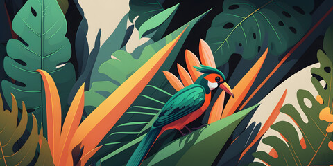 Tropical leaves with bird of paradise, jungle background, Illustration generative ai 