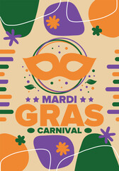 Mardi Gras Carnival in New Orleans. Fat Tuesday. Traditional holiday, celebration annual. Folk festival, costume masquerade, fun party. Carnival mask. Poster, card, banner and background. Vector