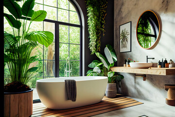 Bathroom interior decorated with green plants.   Modern comfortable bathroom.  Generative AI.