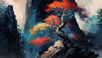 Wall Mural - paint like illustration of mountain cliff with pine tree, Generative Ai