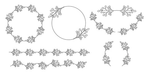 Hand drawn floral frames with flowers, branch and leaves. Vector wreaths, frames and floral elements for design. Set of floral elements. Frames in line art style