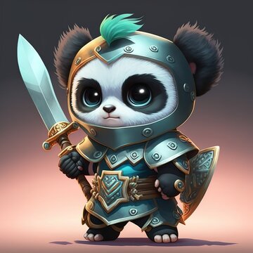 3D render of a warrior panda and wearing a fantasy Kung-Fu armor, Sword in hand