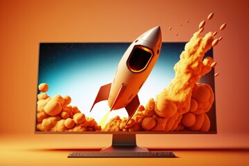 Rocket on computer monitor screen, startup concept, orange background. Generative AI