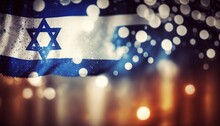 Close Up Israel National Flag Flew In Wind With Bokeh Light, Idea For National Federal Holiday Celebration Theme Background Wallpaper, Generative Ai